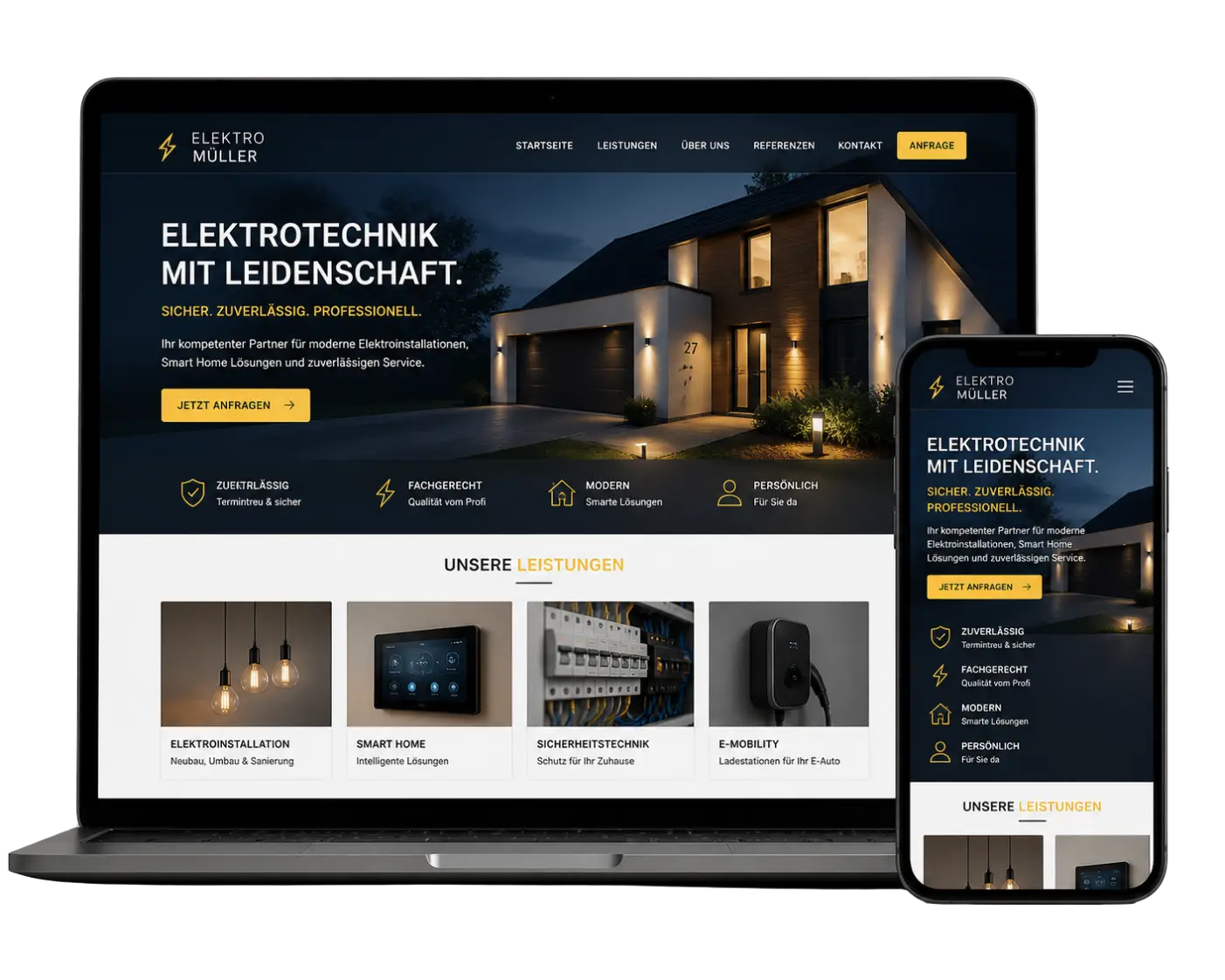 Website-Vorschau für einen Elektriker auf Laptop und Smartphone